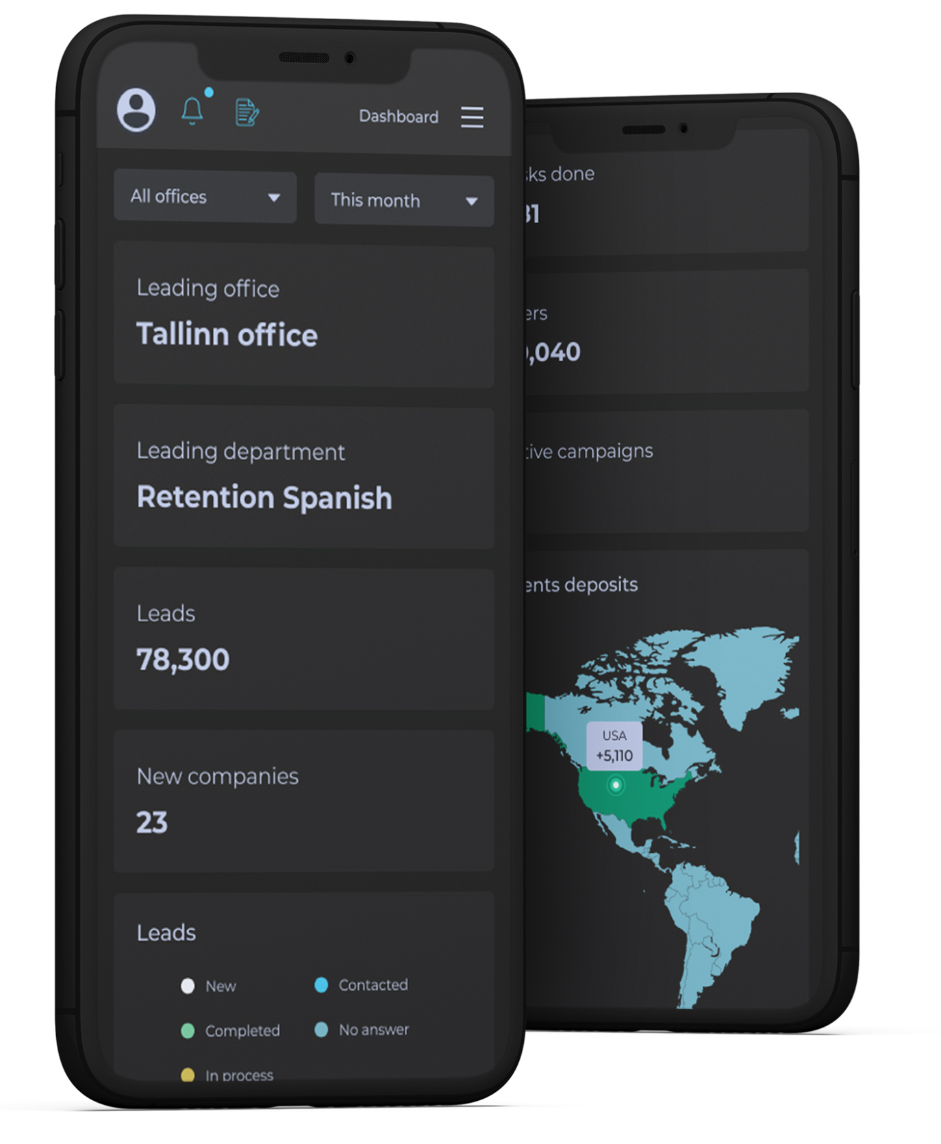 CRM dashboard and map mockup on two phones