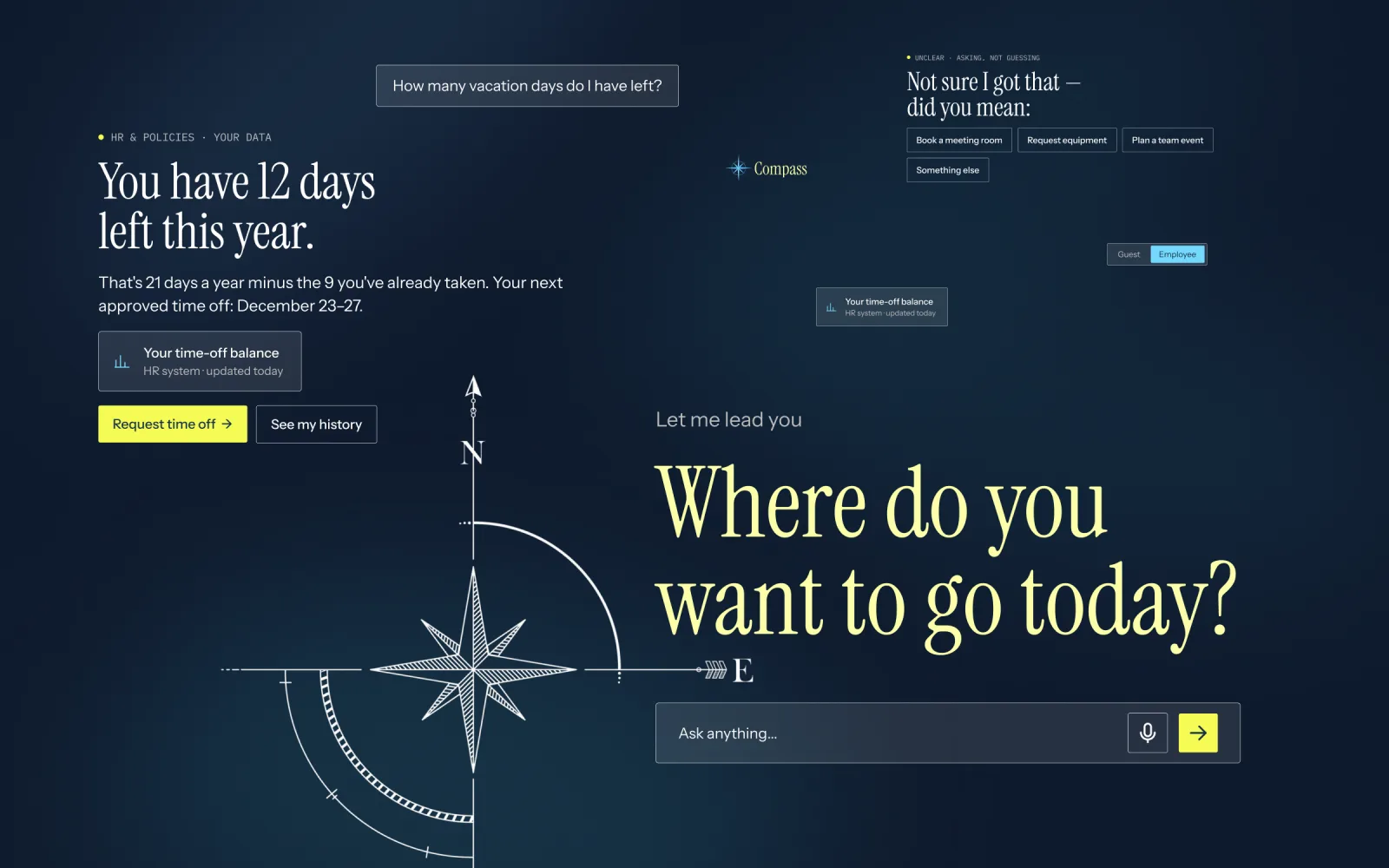 Compass AI assistant: dark navy chat interface with a serif headline, a personalized answer and clarifying options