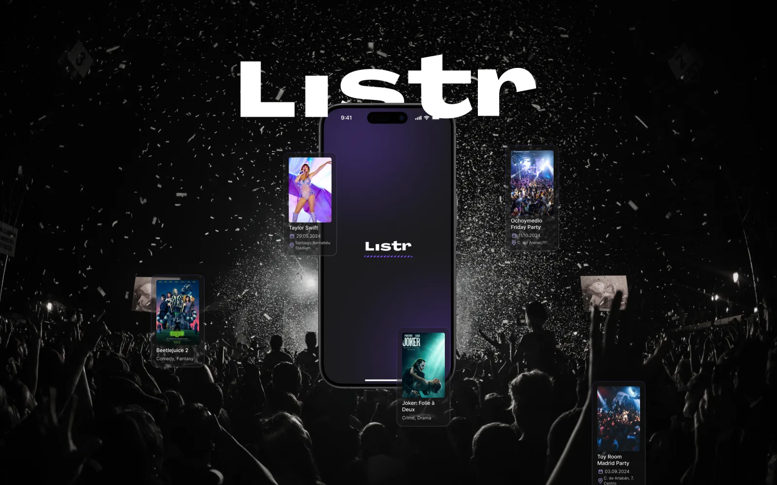 Listr event app splash screen surrounded by event cards over a concert crowd