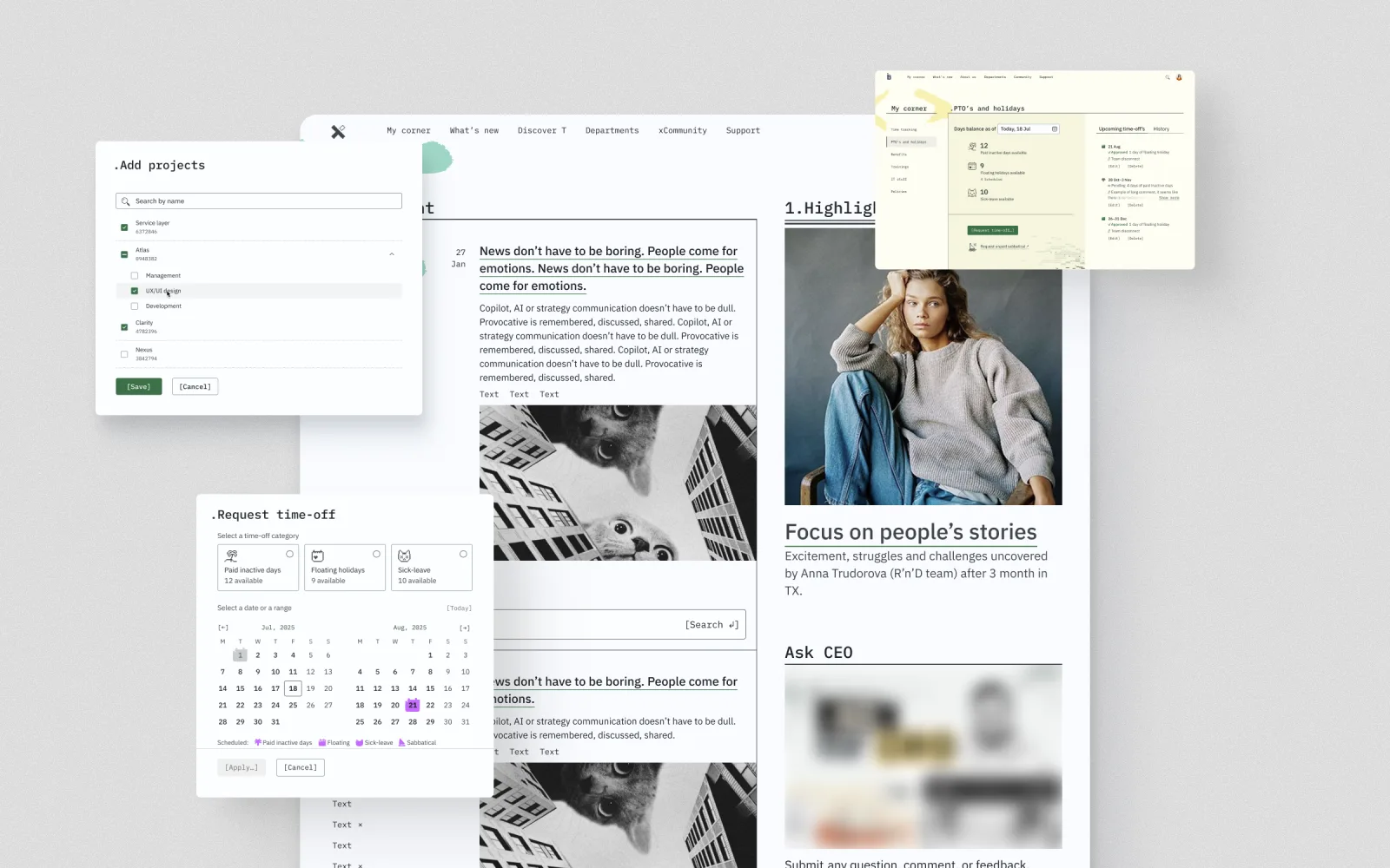 xPortal intranet: What's New feed with a highlight story, time-off request and project picker