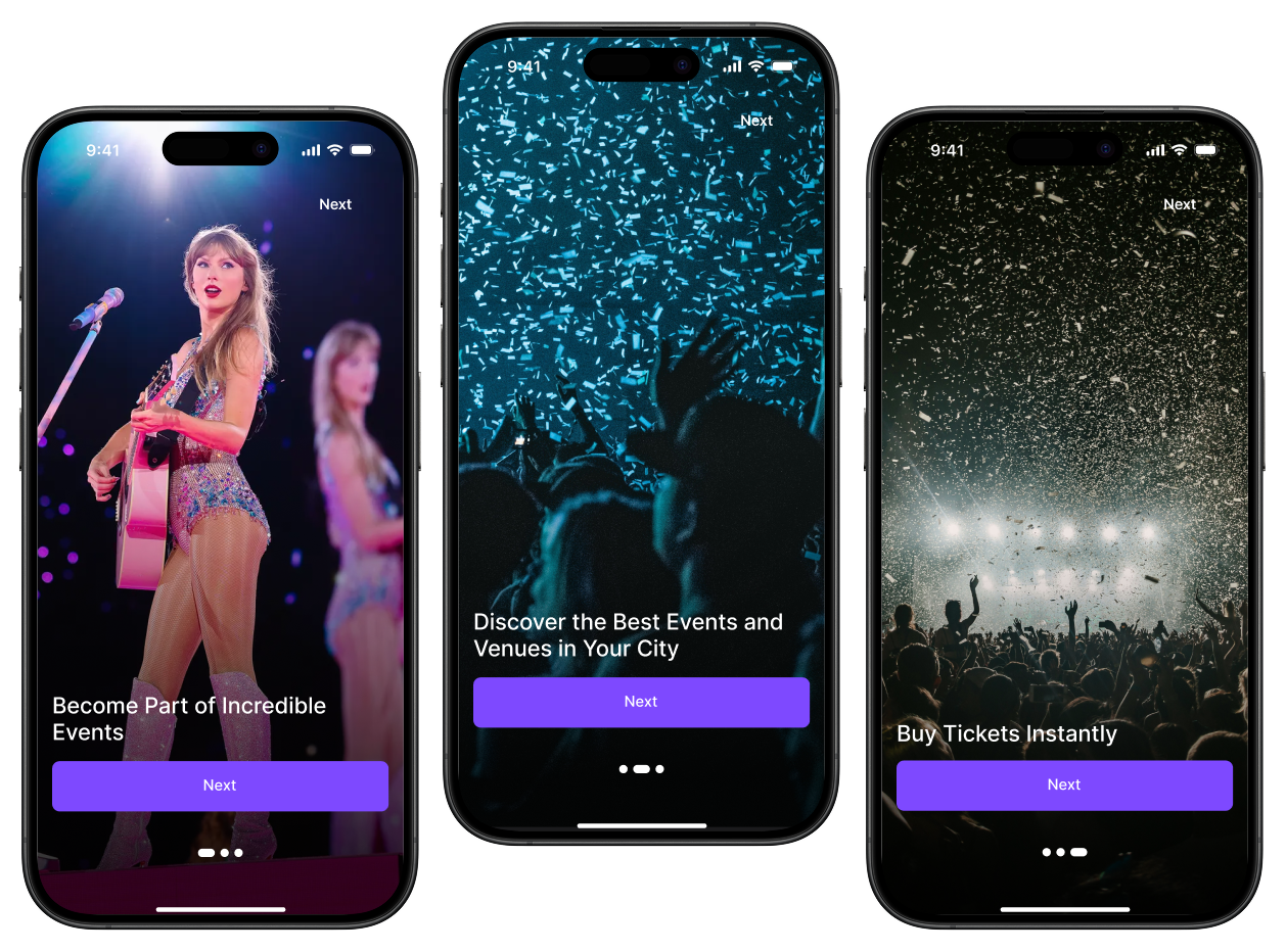 Onboarding screens on three phones