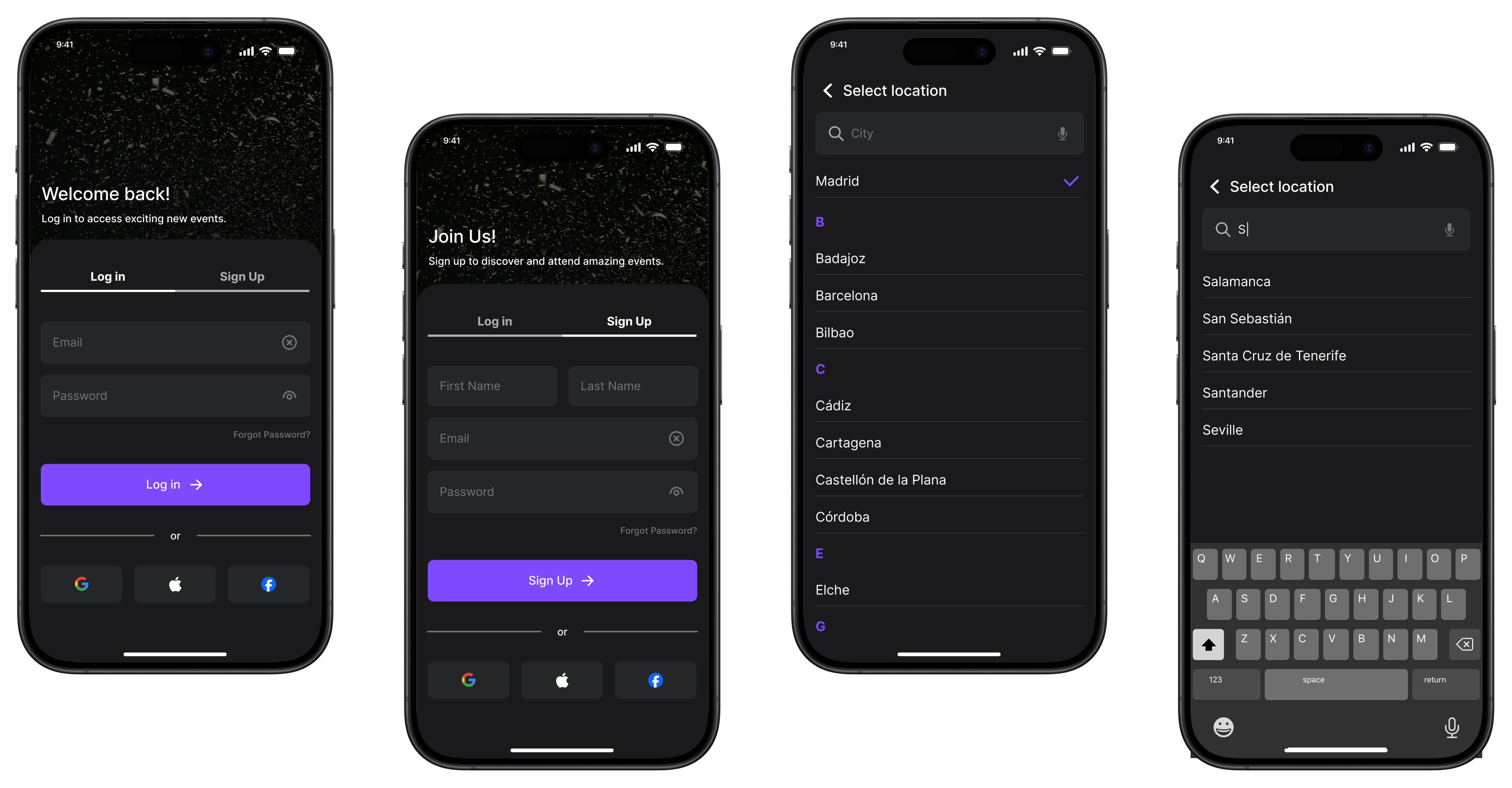Sign up, log in, and location selection screens on four phones