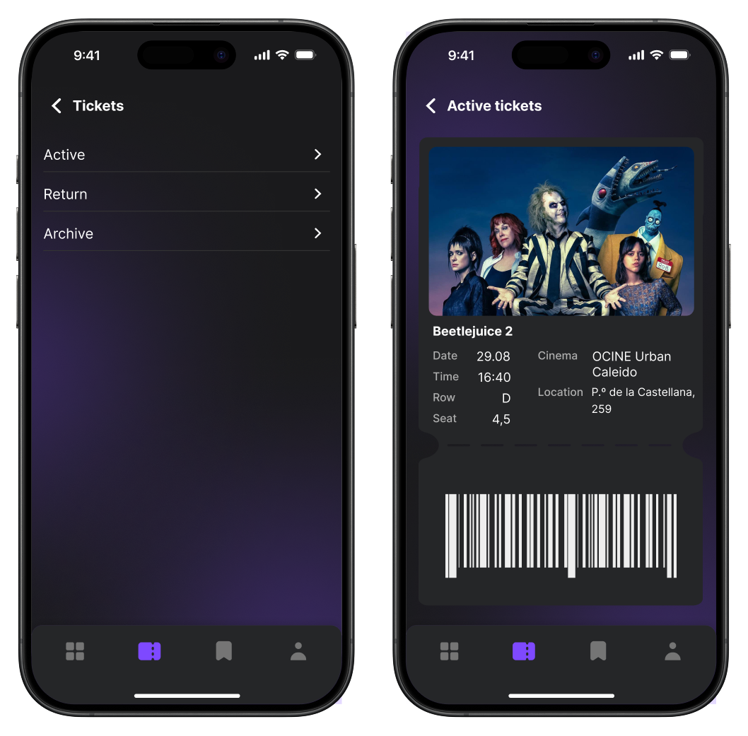 Tickets menu screen