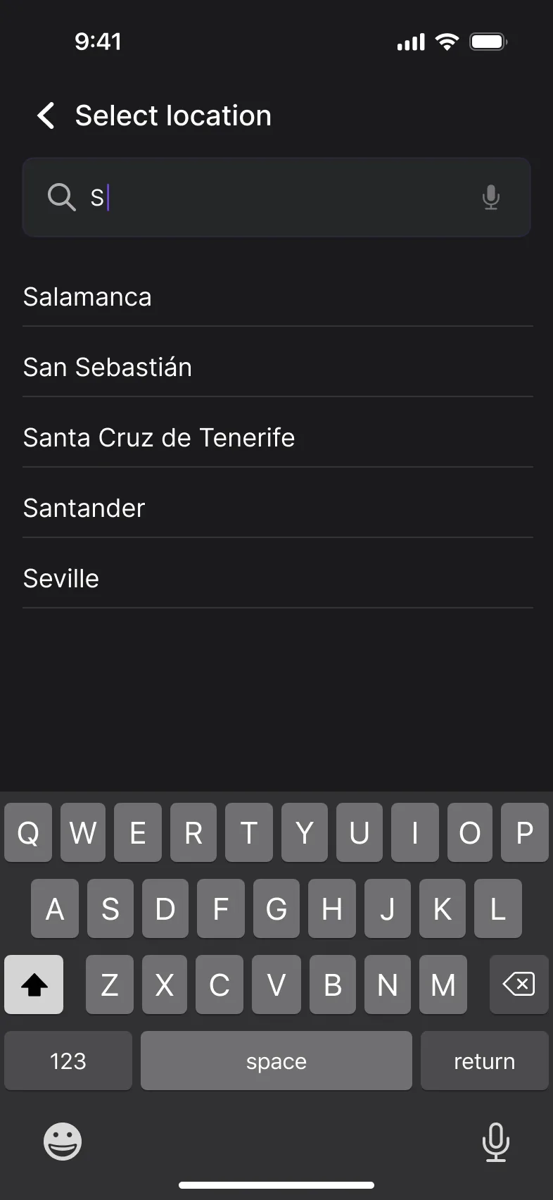 Select location screen while typing: the list filtered to cities starting with S, with the keyboard open