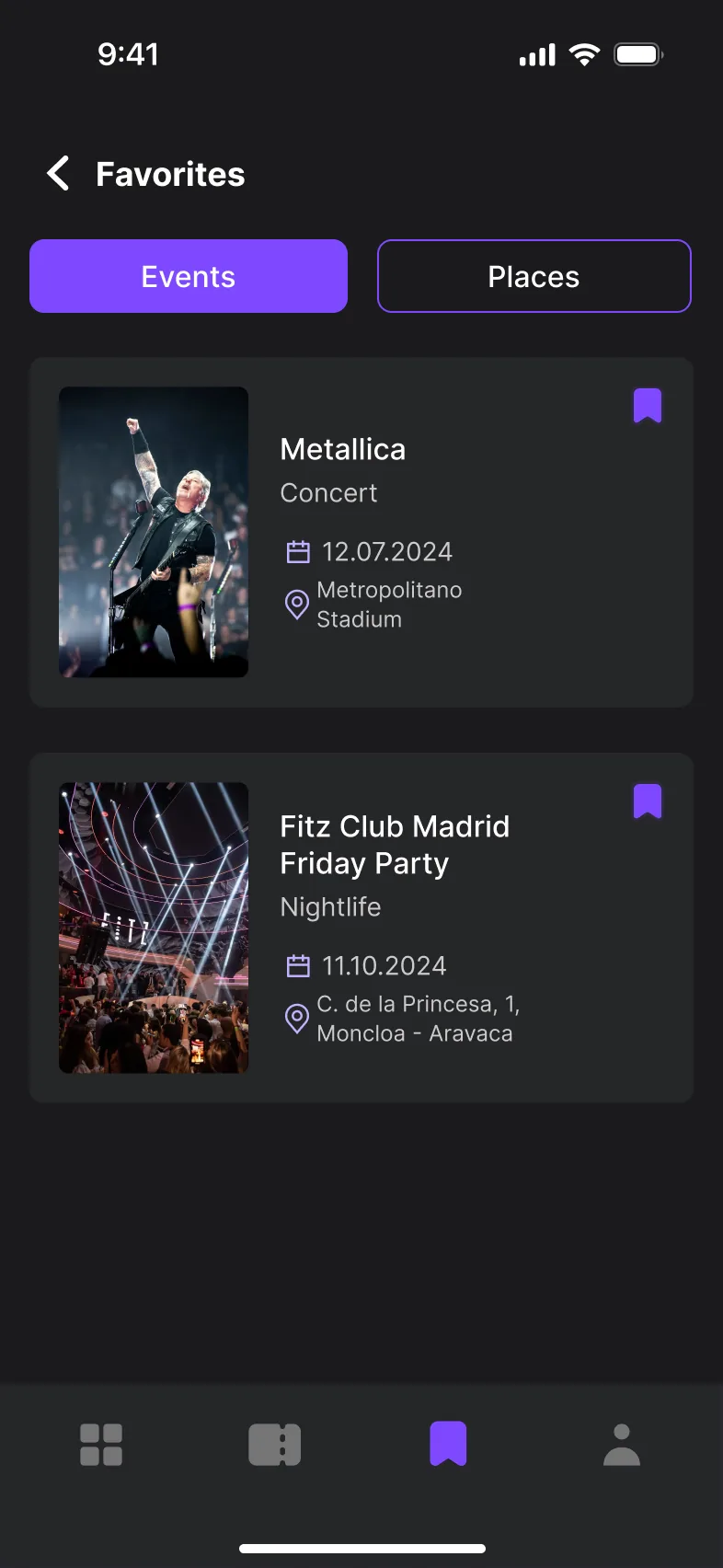 Favorites screen, Events tab: saved events with date and venue