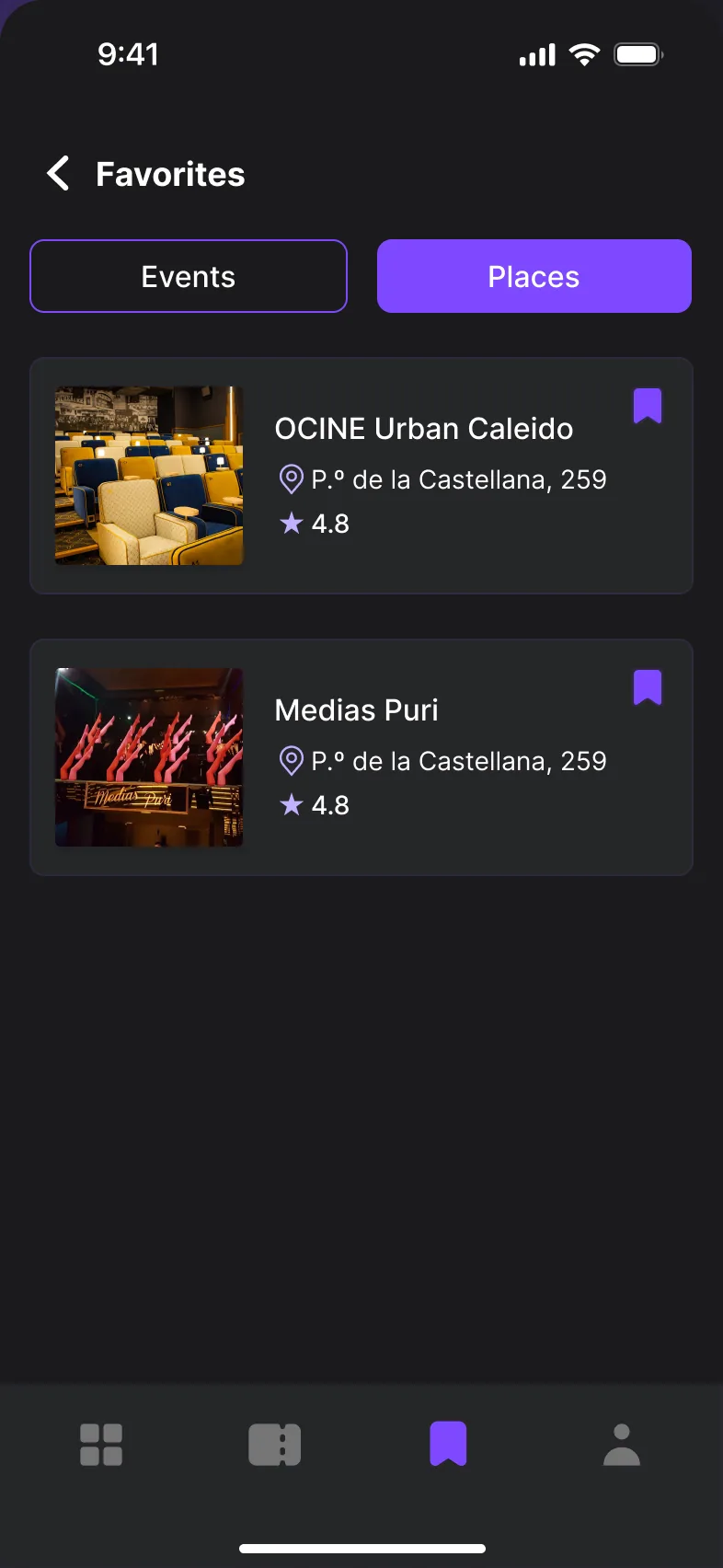 Favorites screen, Places tab: saved venues with address and rating