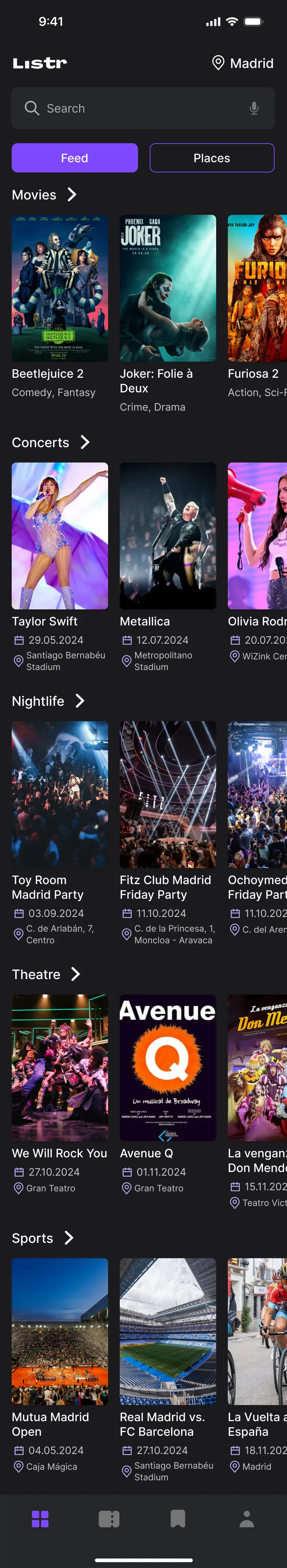 Feed screen in Madrid: a search bar, the Feed and Places switch, and rows of event posters for movies, concerts, nightlife, theater and sports