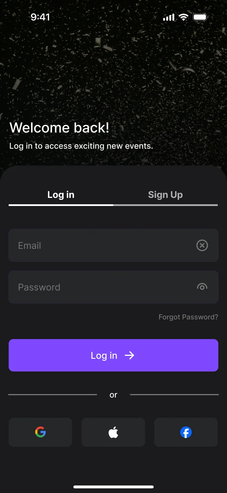 Log in screen: Welcome back, email and password fields, a Log in button and Google, Apple and Facebook sign-in