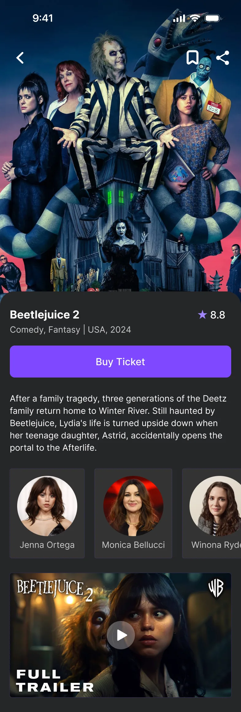 Event screen for Beetlejuice 2: poster, genre, rating, a Buy Ticket button, description and cast