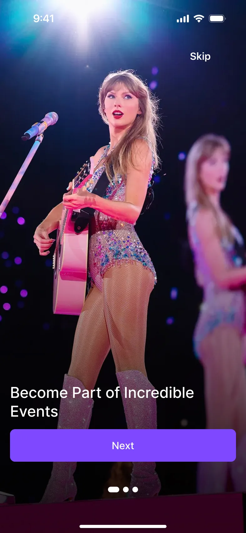 Onboarding screen 1: a concert photo with the headline Become Part of Incredible Events and a Next button