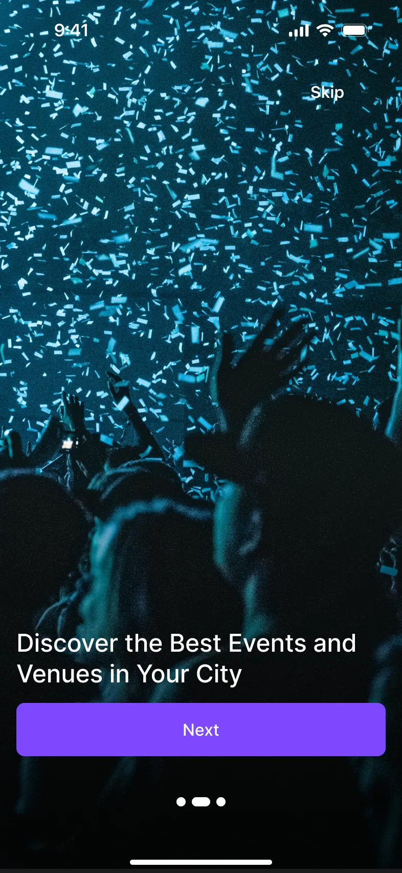 Onboarding screen 2: confetti over a crowd with the headline Discover the Best Events and Venues in Your City