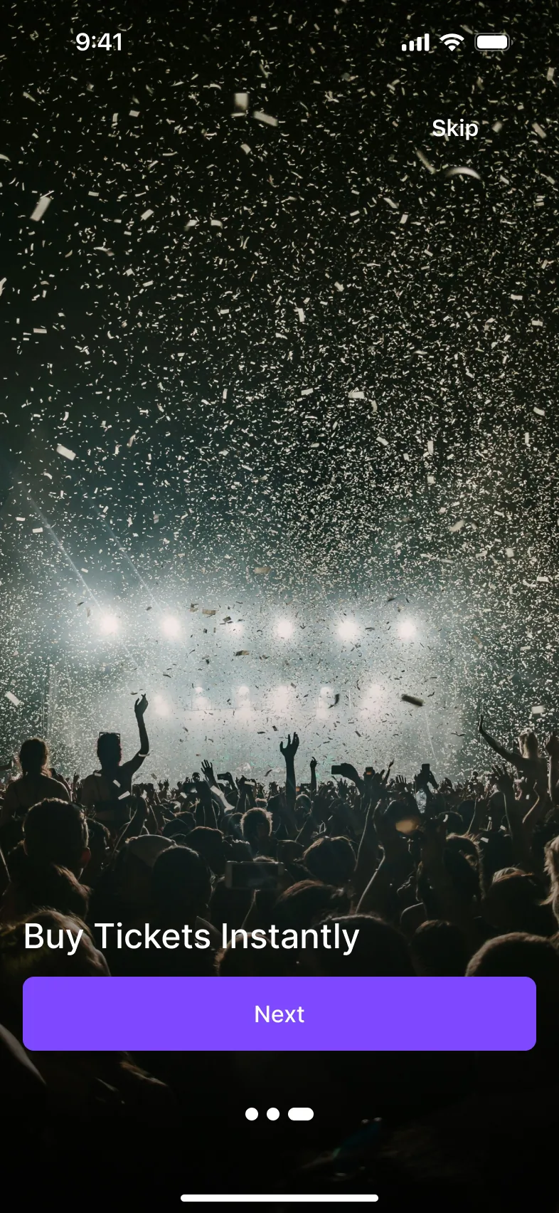 Onboarding screen 3: a stage with confetti and the headline Buy Tickets Instantly