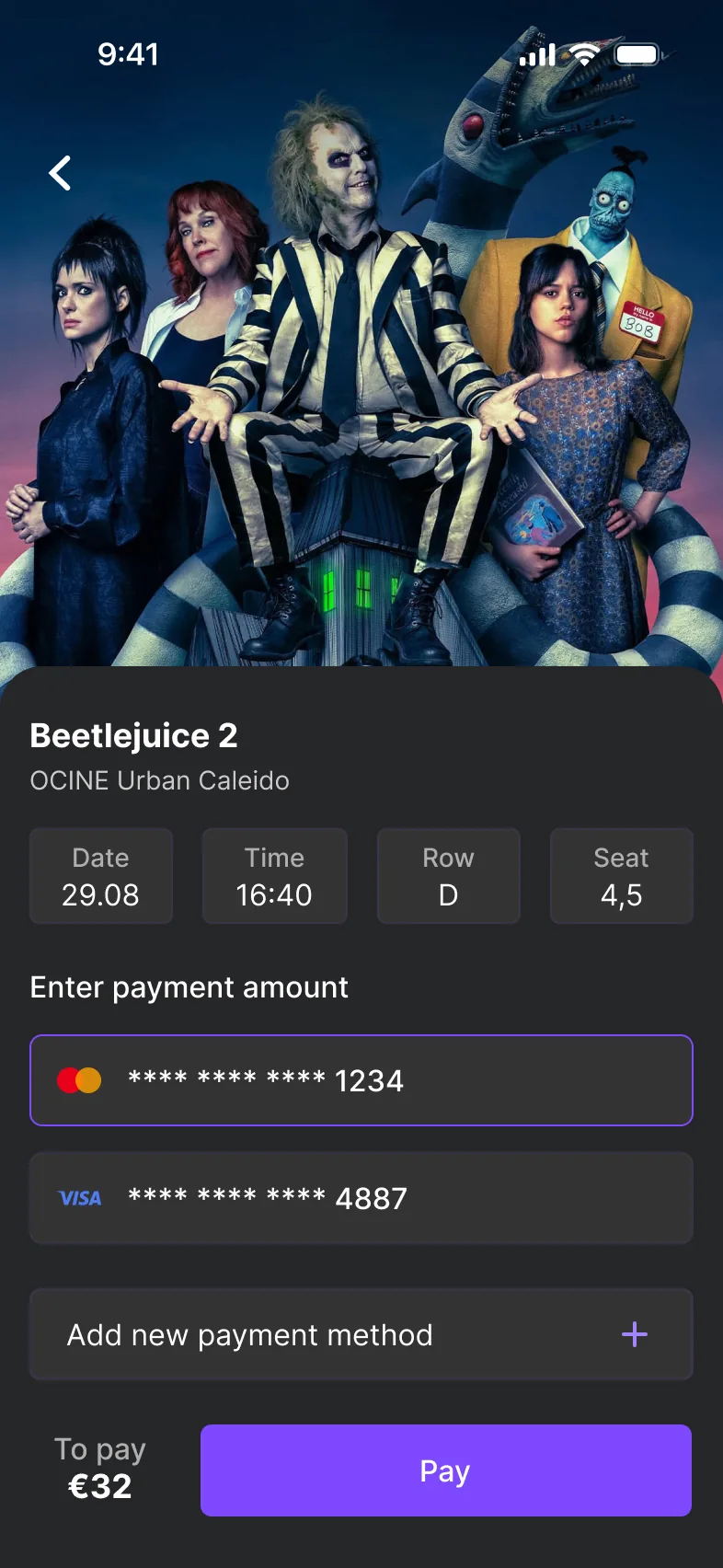 Payment: ticket summary with date, time, row and seat, saved cards, and a Pay button