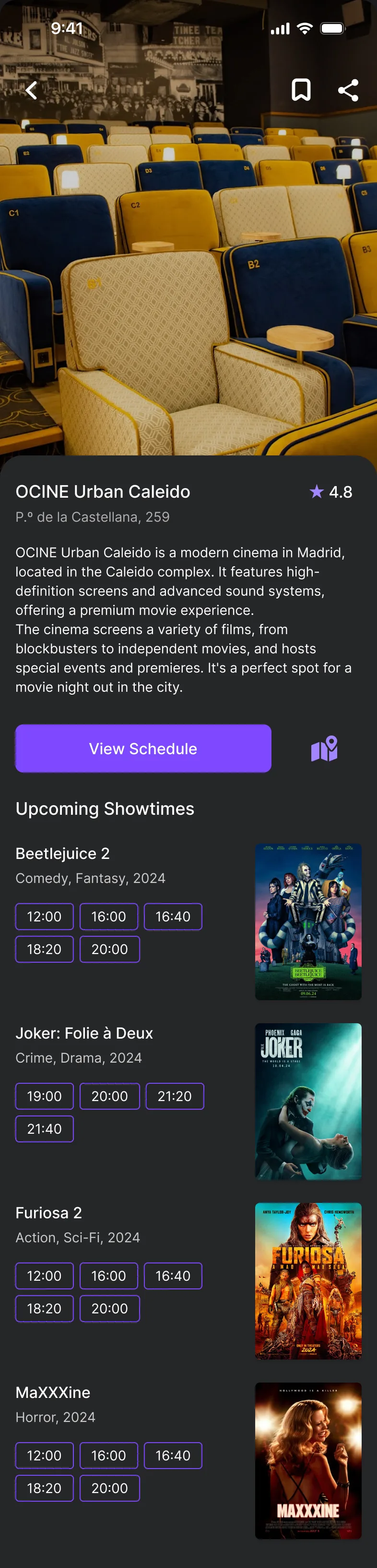 Place page for the OCINE Urban Caleido cinema: venue photo, description, a View Schedule button and upcoming showtimes for several movies