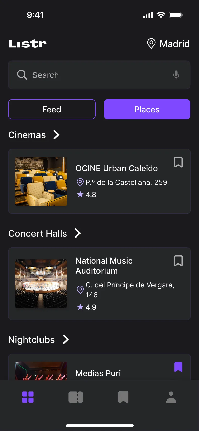 Places screen: venues grouped into Cinemas, Concert Halls and Nightclubs, each with address, rating and a save icon