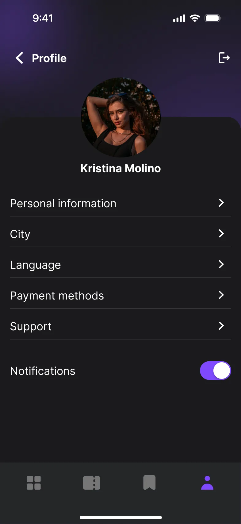 Profile screen: photo, name, and menu items for personal information, city, language, payment methods, support and notifications