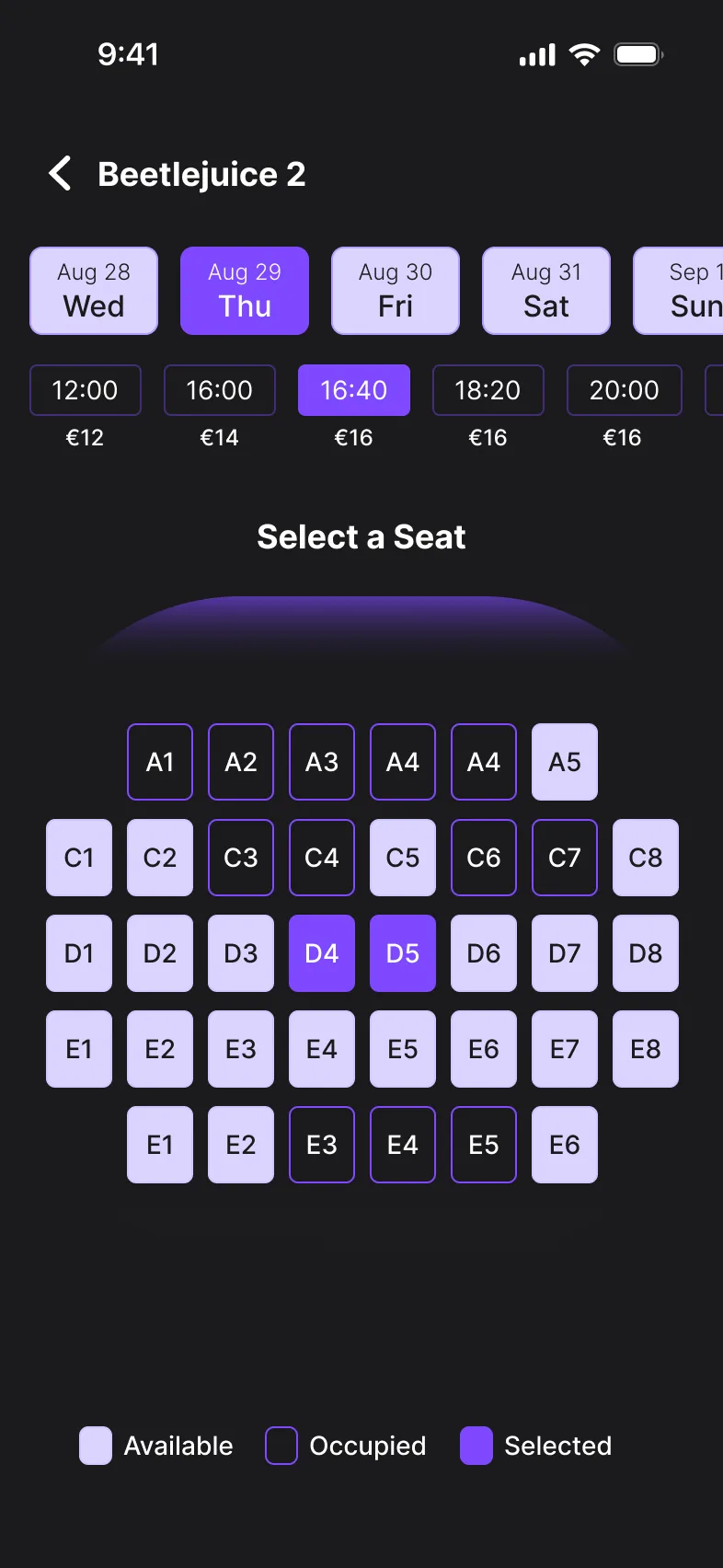 Seat selection: date and showtime chips with prices, and a seat map with available, occupied and selected seats