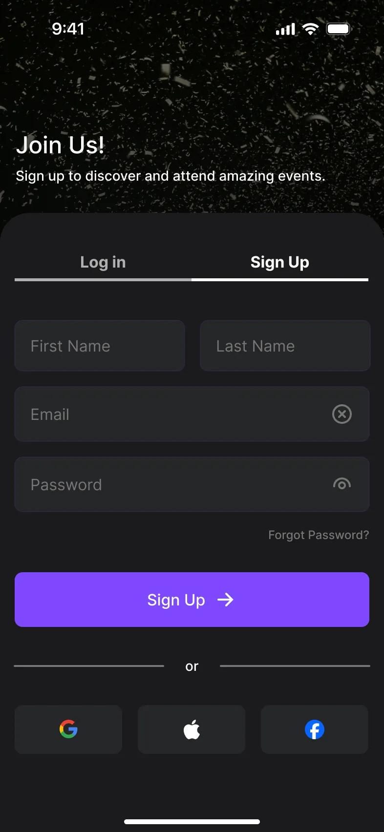 Sign up screen: Join Us, first and last name, email and password fields and a Sign Up button