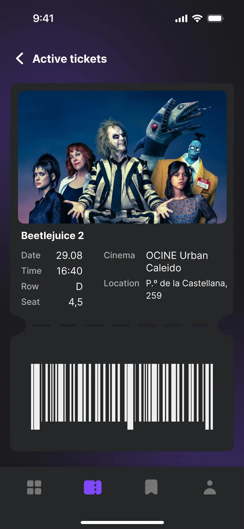 Active ticket for Beetlejuice 2 with date, time, row, seat, cinema, location and a barcode