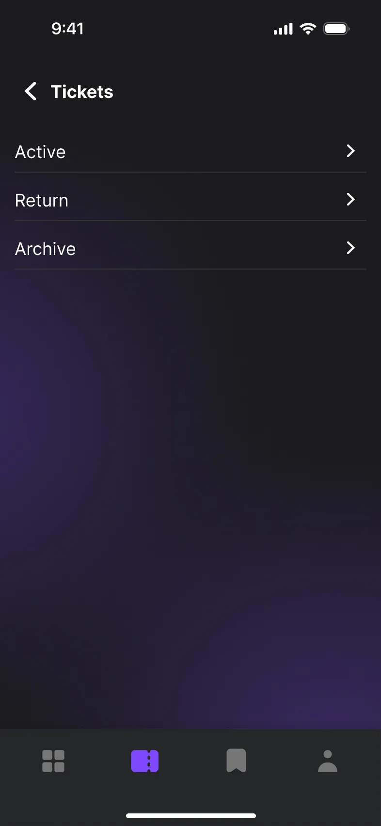 Tickets screen with three sections: Active, Return and Archive