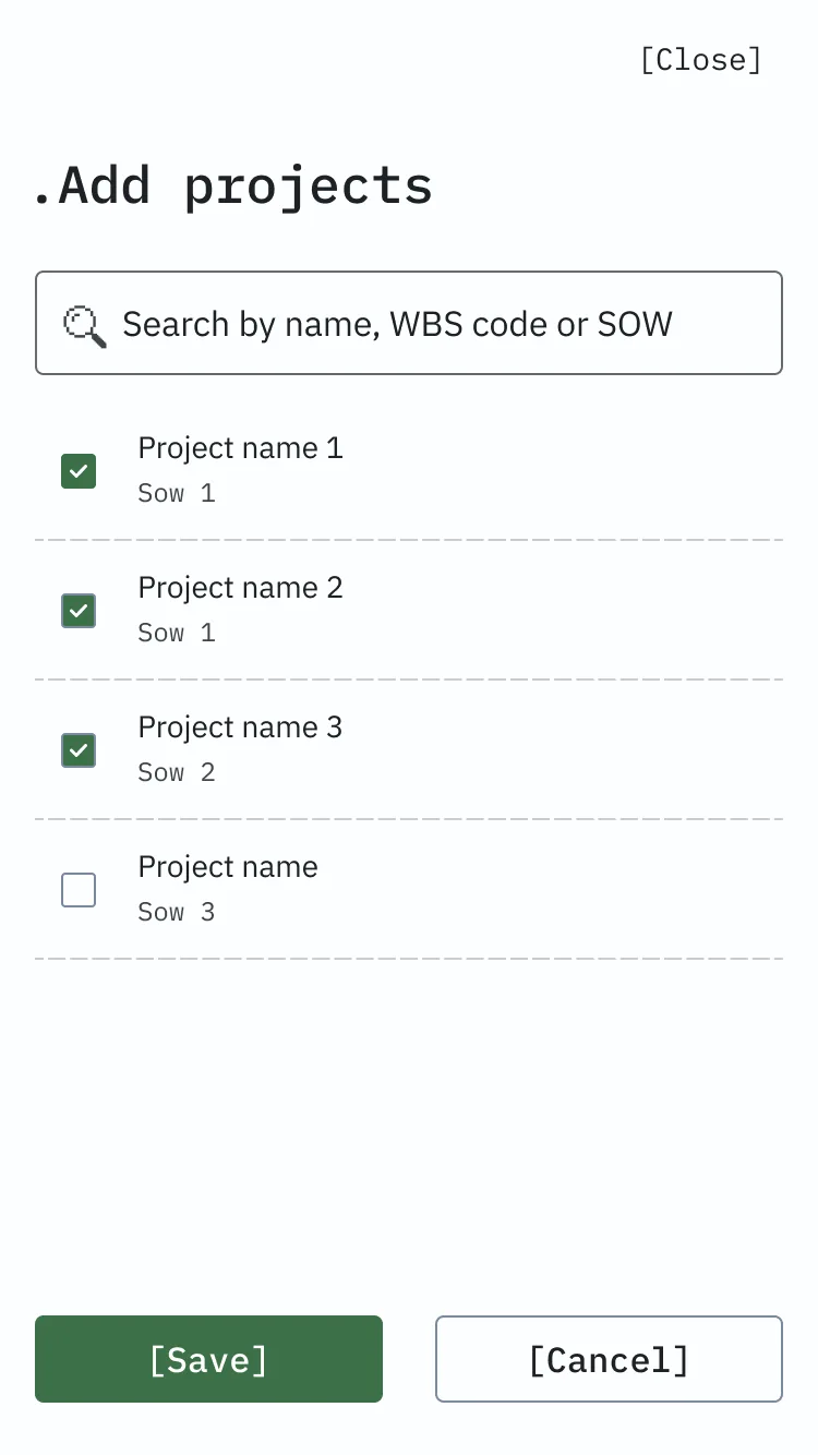Add projects modal on mobile: a search field for name, WBS code or SOW and a checklist of projects