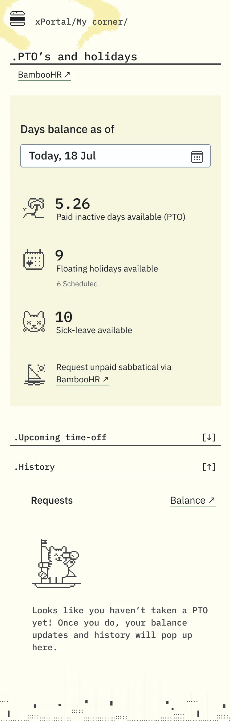 My Corner on mobile, PTOs and holidays: the days balance, a Request time-off button and the list of upcoming time-off requests