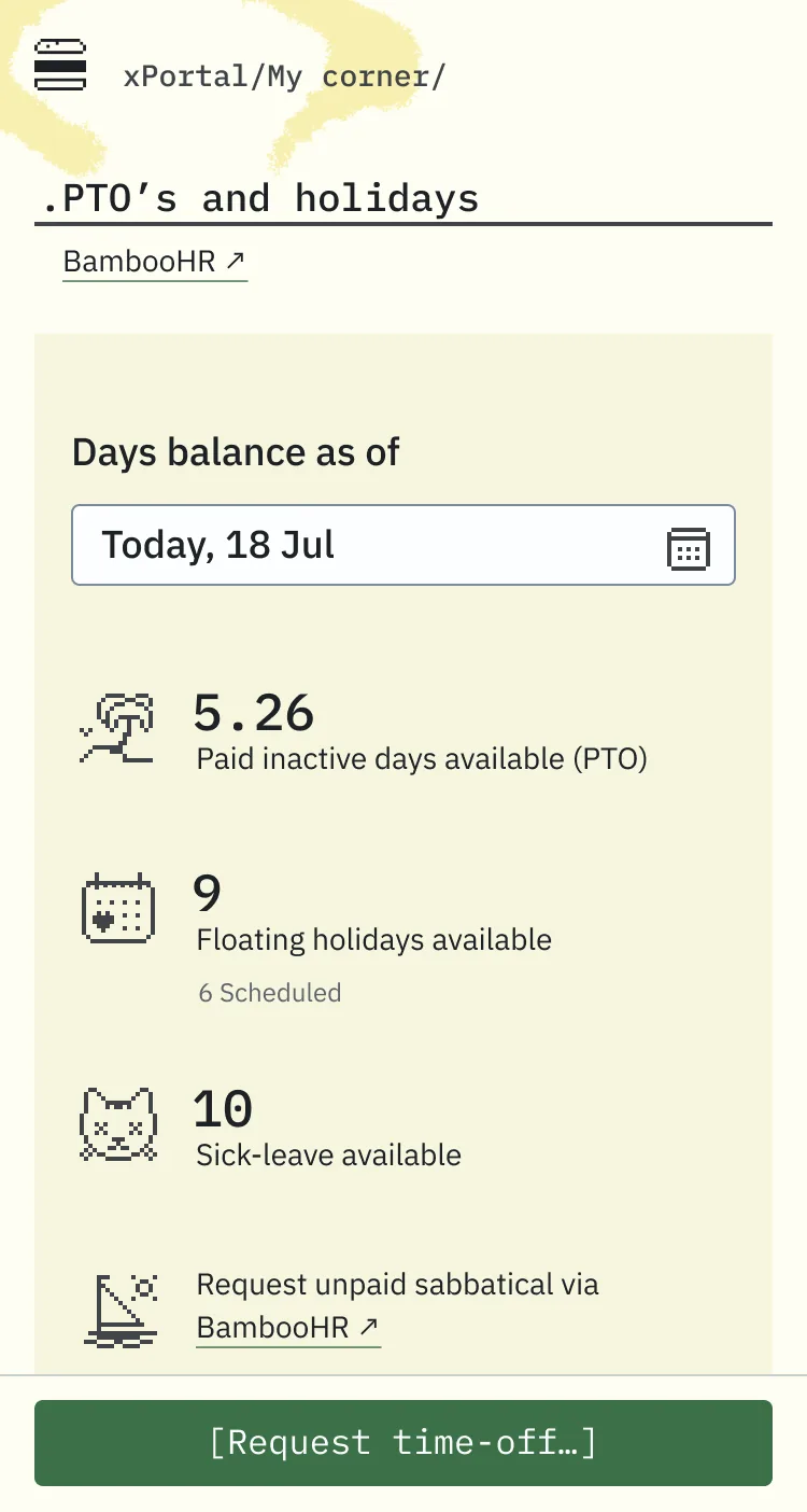 My Corner on mobile, PTOs and holidays: days balance as of today with paid inactive days, floating holidays and sick leave